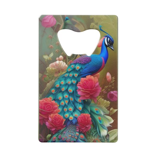 Blue N Blauwgroen Peacock in roze Rose Garden Zipp Creditkaart Flessenopener (Voorkant)