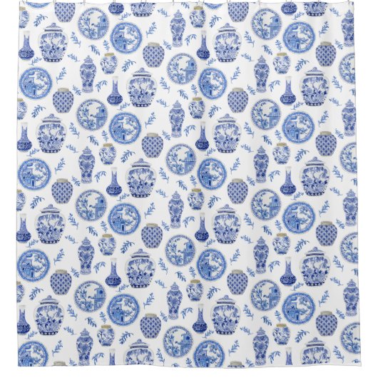 Blue n White Chinoiserie Asian China Floral Douchegordijn (Voorkant)