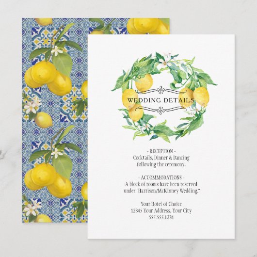 Blue n White Lemon Floral Foliage Wedding Details Kaart (Voorkant / Achterkant)