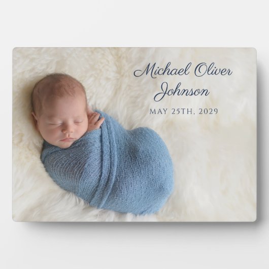 Blue Name Birth Date Script Baby Foto Fotoplaat (voorkant)