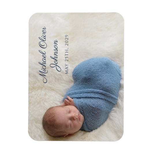 Blue Name Birth Date Script Baby Foto Magneet (Verticaal)