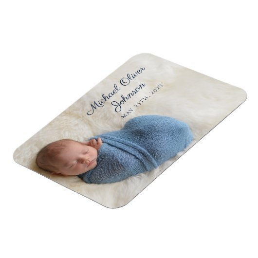 Blue Name Birth Date Script Baby Foto Magneet (Linkerzijde)
