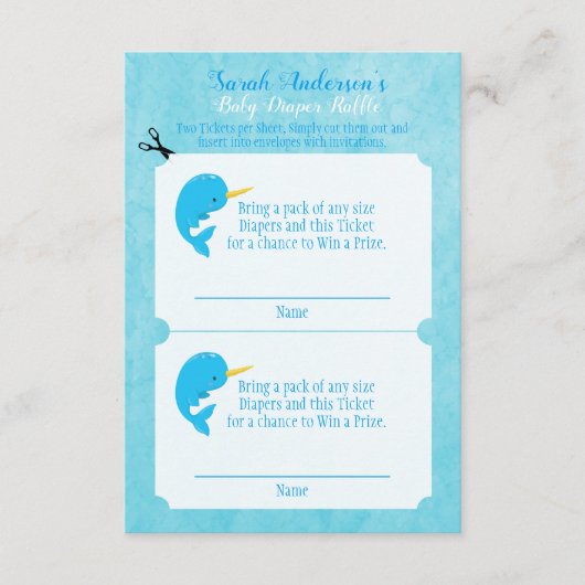 Blue Narwhal Baby Luier Raffle Spel Informatiekaartje (Voorkant)