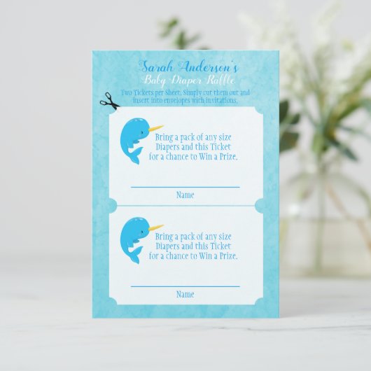Blue Narwhal Baby Luier Raffle Spel Informatiekaartje (Staand voorkant)