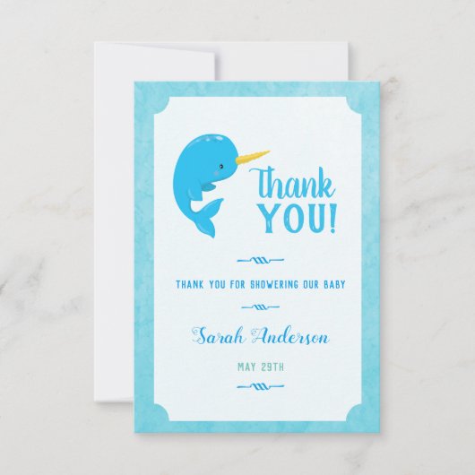 Blue Narwhal Baby shower dank u Bedankkaart (Voorkant)