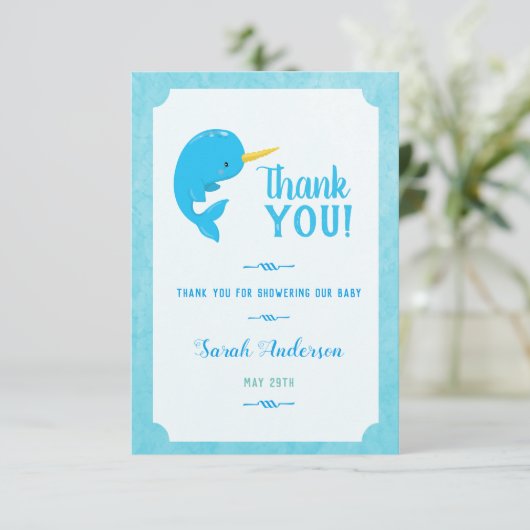 Blue Narwhal Baby shower dank u Bedankkaart (Staand voorkant)