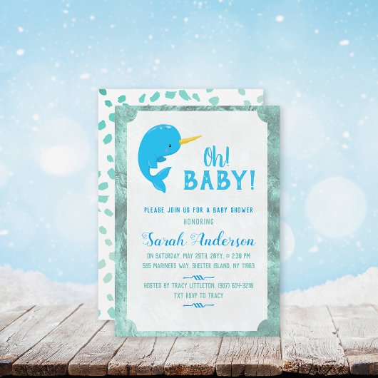 Blue Narwhal Baby shower Kaart