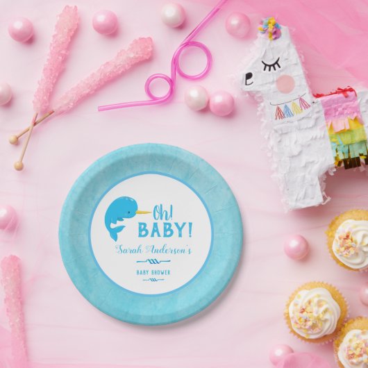 Blue Narwhal Baby shower Papieren Bordje (Feest)