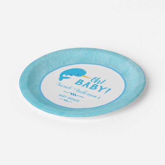 Blue Narwhal Baby shower Papieren Bordje (Gekanteld)