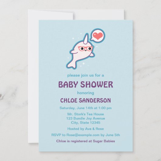 Blue Narwhal Baby Shower-uitnodigingen voor Nerds Kaart (Achterkant)