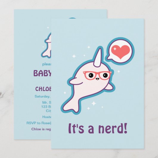Blue Narwhal Baby Shower-uitnodigingen voor Nerds Kaart (Voorkant / Achterkant)