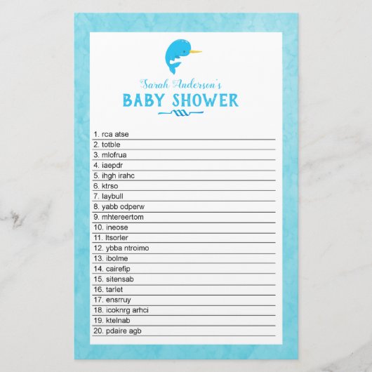 Blue Narwhal Baby shower Word Scramble Game Briefpapier (Voorkant)