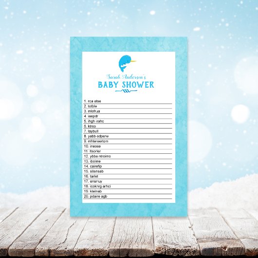 Blue Narwhal Baby shower Word Scramble Game Briefpapier