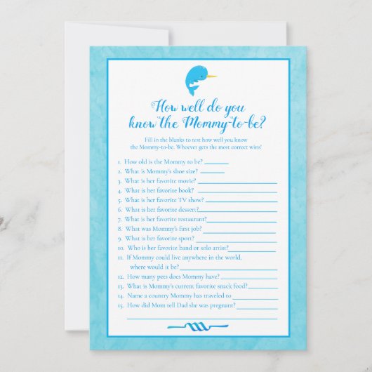 Blue Narwhal die mama het beste Baby shower spel k Kaart (Voorkant)