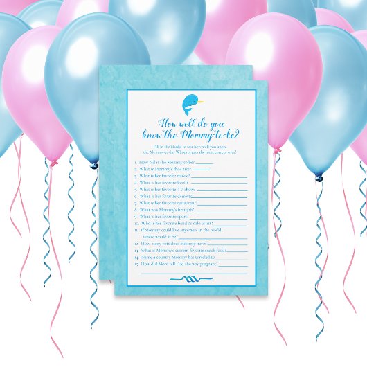 Blue Narwhal die mama het beste Baby shower spel k Kaart