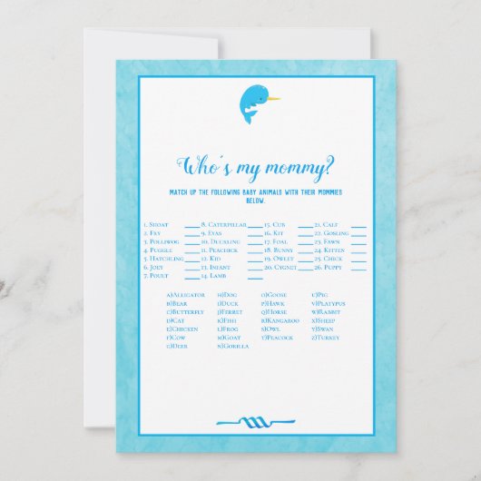 Blue Narwhal die mijn mama Baby shower Game is Kaart (Voorkant)
