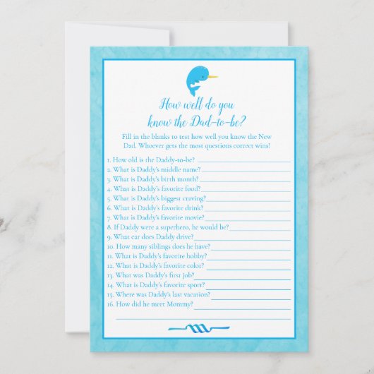 Blue Narwhal die vader het beste Baby shower spel  Kaart (Voorkant)