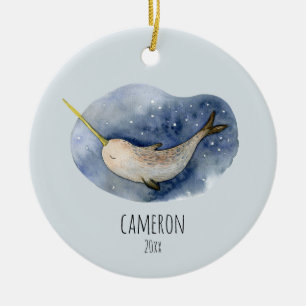 Blue Narwhal Modern Waterverf Ocean Personalized Keramisch Ornament