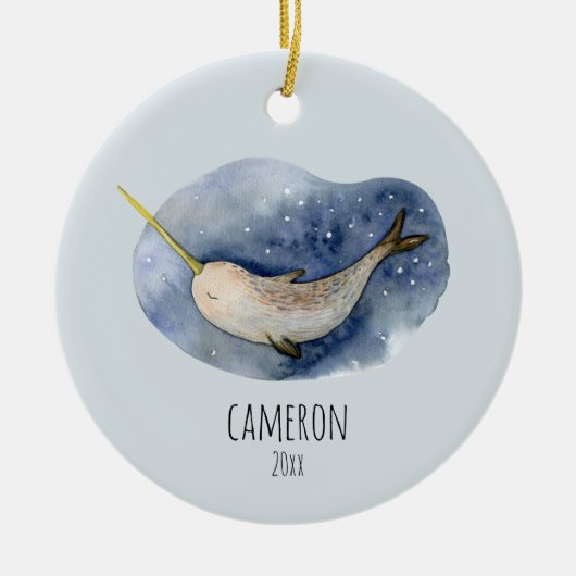 Blue Narwhal Modern Waterverf Ocean Personalized Keramisch Ornament (Voorkant)