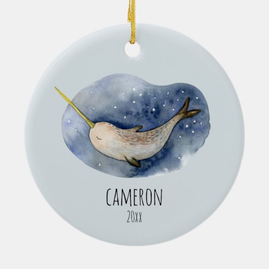 Blue Narwhal Modern Waterverf Ocean Personalized Keramisch Ornament (Achterkant)