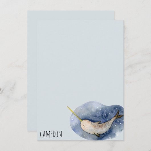 Blue Narwhal Modern Waterverf Ocean Personalized Notitiekaartje (Voorkant / Achterkant)