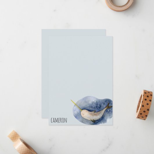 Blue Narwhal Modern Waterverf Ocean Personalized Notitiekaartje (Voorkant / Achterkant in situ)