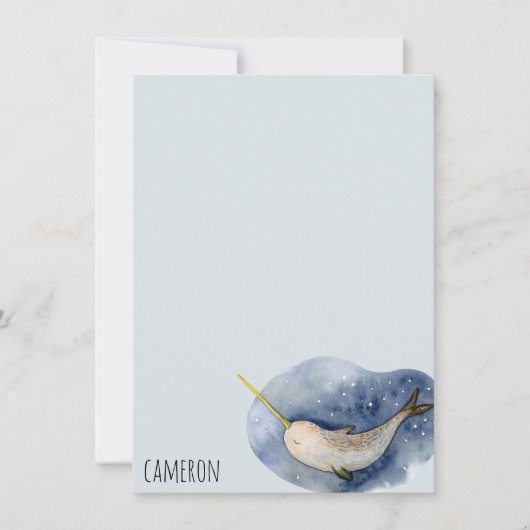 Blue Narwhal Modern Waterverf Ocean Personalized Notitiekaartje (Voorkant)