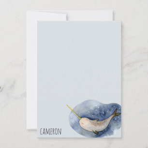 Blue Narwhal Modern Waterverf Ocean Personalized Notitiekaartje