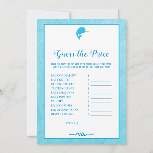Blue Narwhal raadt het Pice Baby shower Game Kaart (Voorkant)
