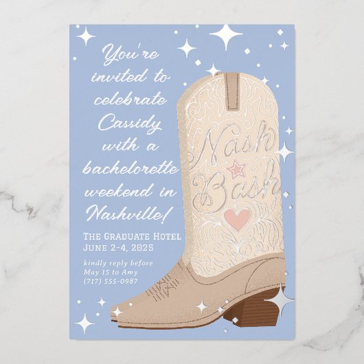 Blue Nash Bash Cowgirl Boot Bachelorette Party Folie Uitnodiging (Voorkant)