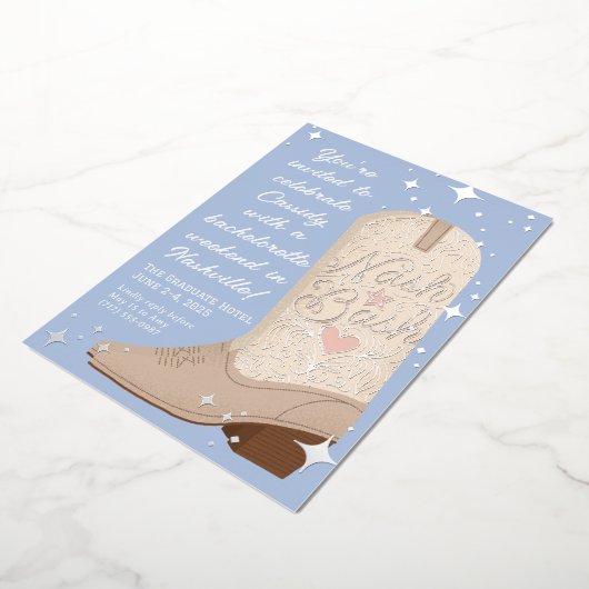 Blue Nash Bash Cowgirl Boot Bachelorette Party Folie Uitnodiging (Gedraaid)