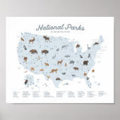 Blue National Parks Map Woodland Nursery Decor Poster (Voorkant)