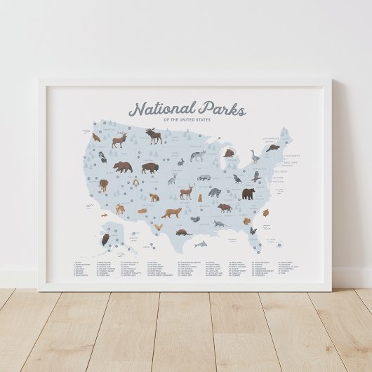 Blue National Parks Map Woodland Nursery Decor Poster
