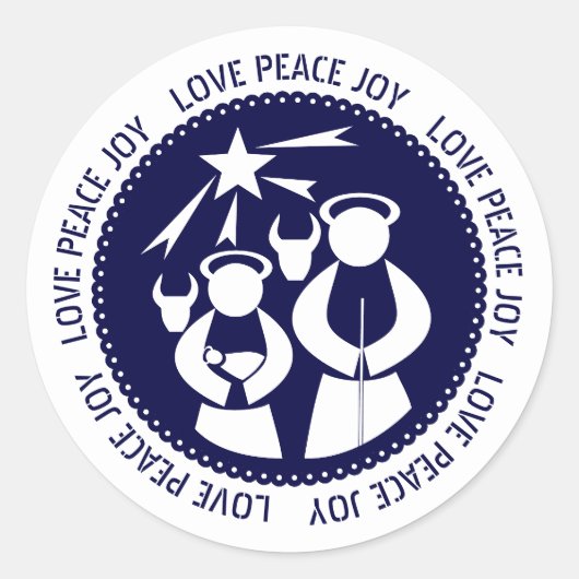 Blue Natitivity Scene Love, Peace, Joy Kerstmis Ronde Sticker (Voorkant)