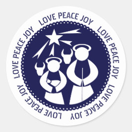 Blue Natitivity Scene Love, Peace, Joy Kerstmis Ronde Sticker