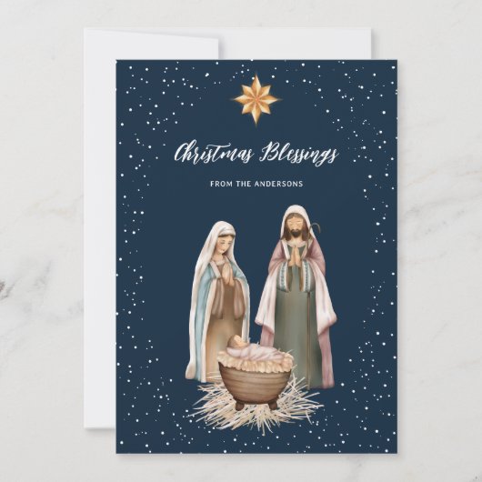 Blue Nativity Botanical Christian Christmas Card Feestdagenkaart (Voorkant)