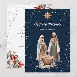 Blue Nativity Botanical Christian Christmas Card Feestdagenkaart