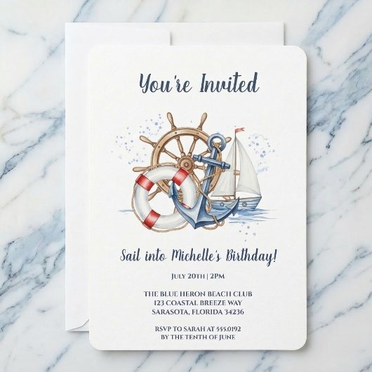 Blue Nautical Anchor Birthday Invite Kaart