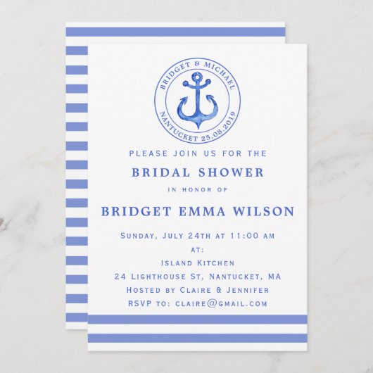 Blue Nautical Anchor | Bridal Shower-uitnodiging Kaart (Voorkant / Achterkant)