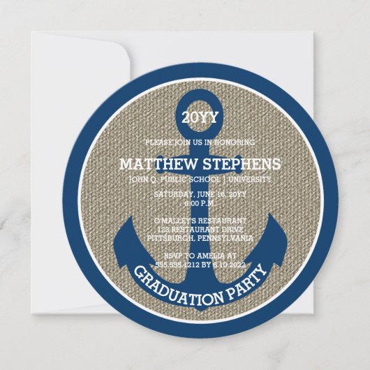 Blue Nautical Anchor | Burlap Graduation Party Kaart (Voorkant)
