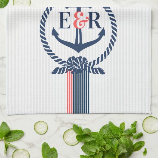 Blue Nautical Anchor Knot & Stripes Monogram Theedoek (Gevouwen)