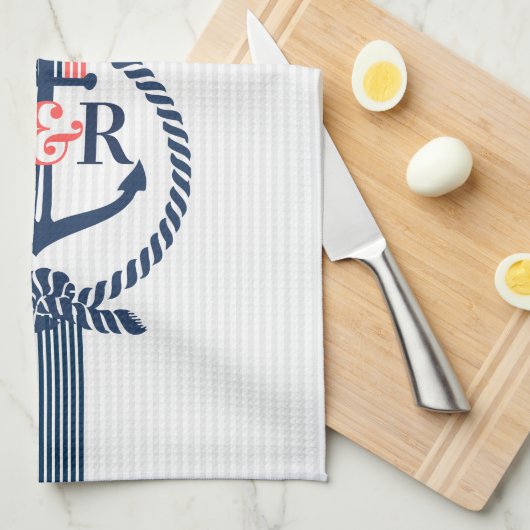 Blue Nautical Anchor Knot & Stripes Monogram Theedoek (Quarter Fold)