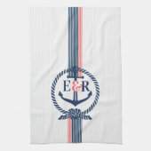 Blue Nautical Anchor Knot & Stripes Monogram Theedoek (Verticaal)