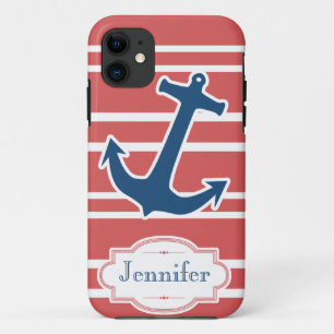 Blue Nautical Anchor met Red Stripes iPhone Case