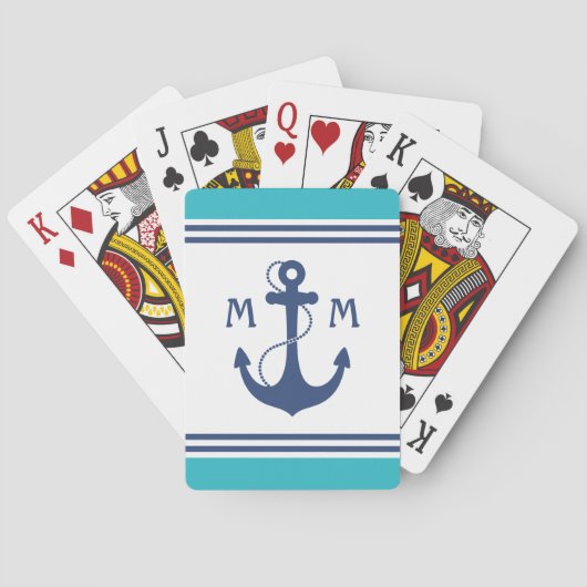 Blue Nautical Anchor Monogram Speelkaarten (Achterkant)