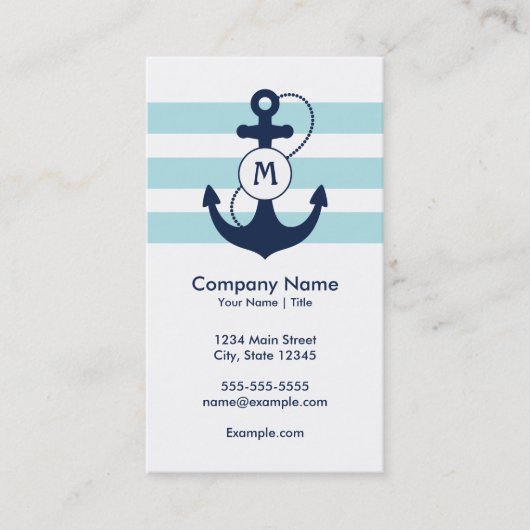 Blue Nautical Anchor Monogram Visitekaartje (Voorkant)