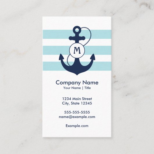 Blue Nautical Anchor Monogram Visitekaartje (Voorkant)