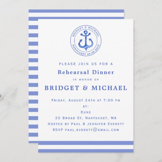 Blue Nautical Anchor Rehearsal Dinner Invitation Kaart (Voorkant / Achterkant)