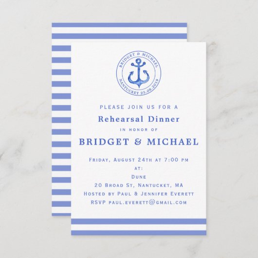 Blue Nautical Anchor Rehearsal Dinner Invitation Kaart (Voorkant / Achterkant)
