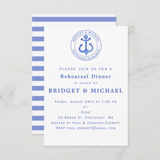Blue Nautical Anchor Rehearsal Dinner Invitation Kaart (Voorkant / Achterkant)